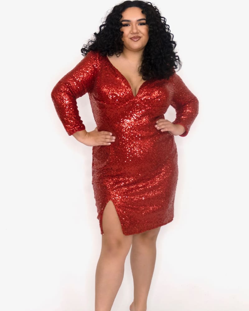 Front of a model wearing a size 28 Empire Strikes Party Dress in Ruby Red by Celebrations by Sydney's Closet. | dia_product_style_image_id:285834